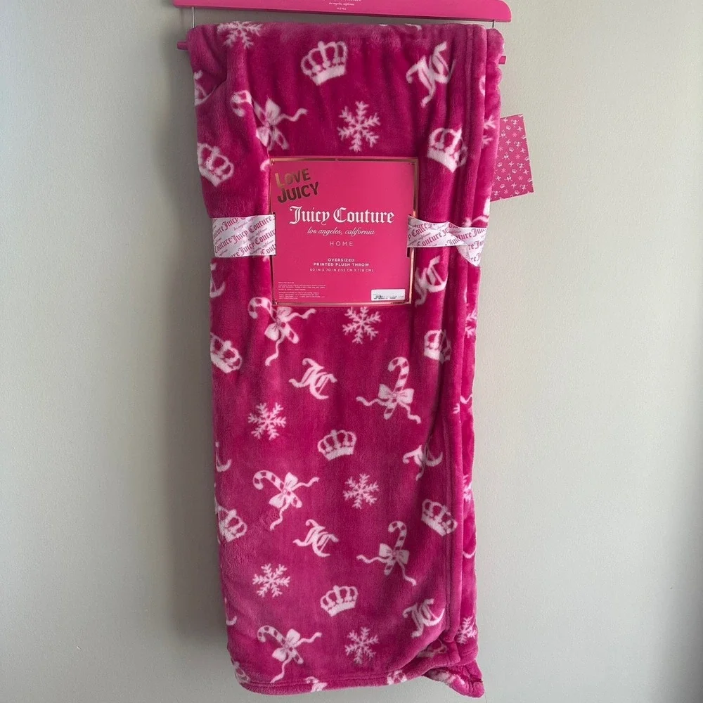 New Juicy Couture Christmas Pink Snowflakes Bows Crown Candy Cane Blanket 60x70